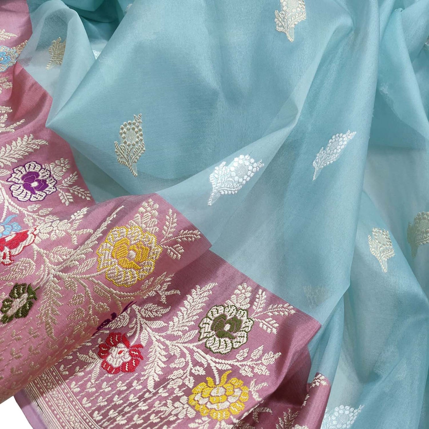 Blue Handloom Banarasi Pure Kora Organza Flower Design Meenakari Saree - Luxurion World