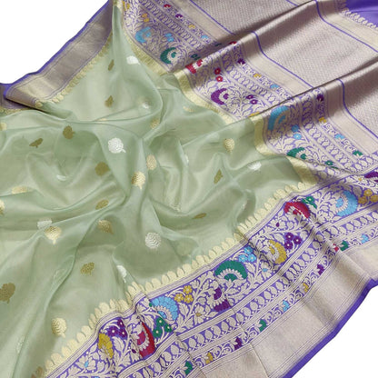 Green Handloom Banarasi Pure Kora Organza Flower Design Sona Roopa Saree - Luxurion World