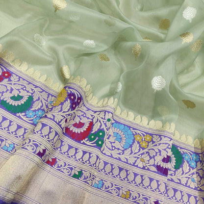 Green Handloom Banarasi Pure Kora Organza Flower Design Sona Roopa Saree - Luxurion World