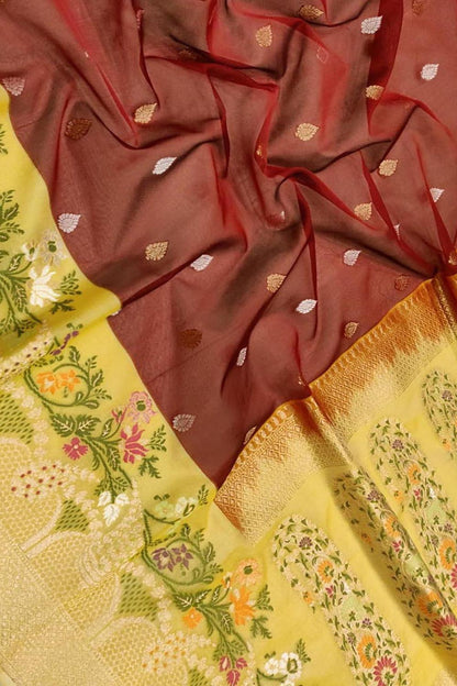 Maroon Handloom Banarasi Pure Kora Organza Flower Design Meenakari Saree - Luxurion World
