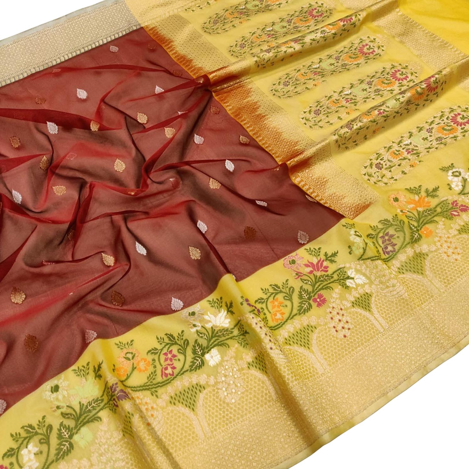 Maroon Handloom Banarasi Pure Kora Organza Flower Design Meenakari Saree - Luxurion World