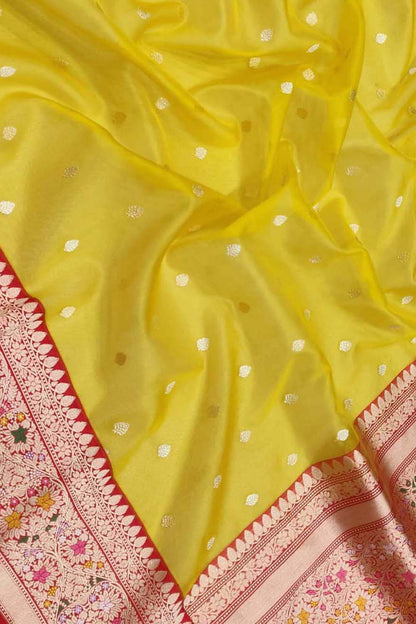 Yellow And Red Handloom Banarasi Pure Kora Organza Flower Design Meenakari Saree - Luxurion World