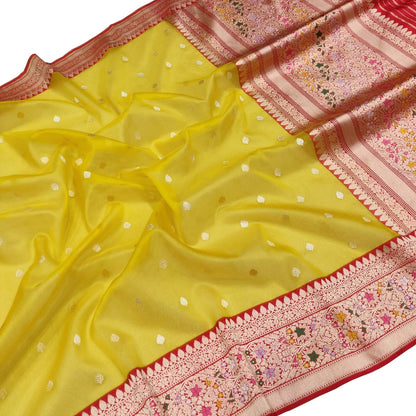 Yellow And Red Handloom Banarasi Pure Kora Organza Flower Design Meenakari Saree - Luxurion World