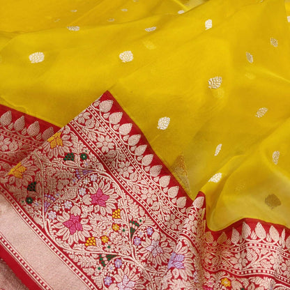 Yellow And Red Handloom Banarasi Pure Kora Organza Flower Design Meenakari Saree - Luxurion World