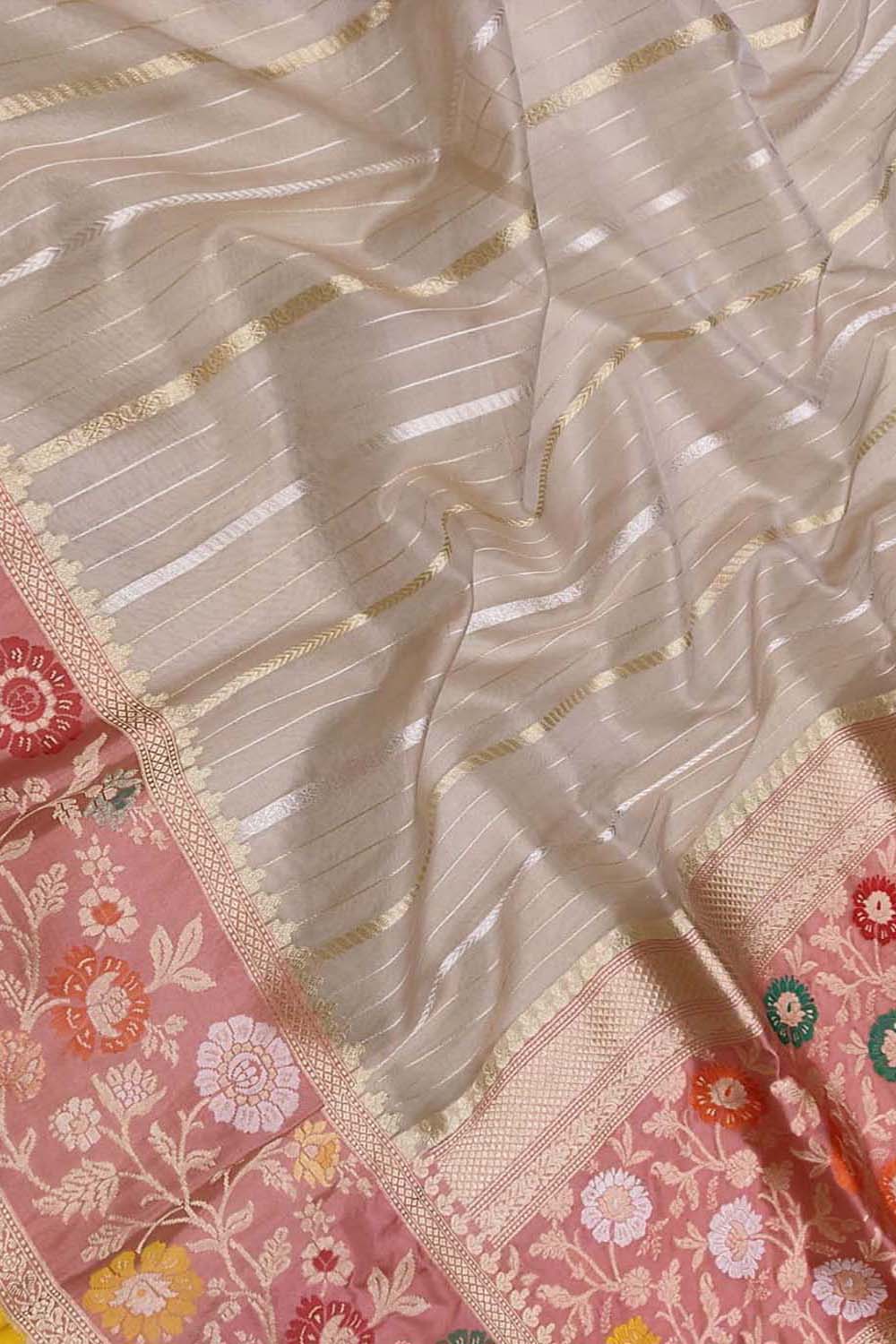 Pastel Handloom Banarasi Pure Kora Organza Sona Roopa Stripe Design Saree - Luxurion World