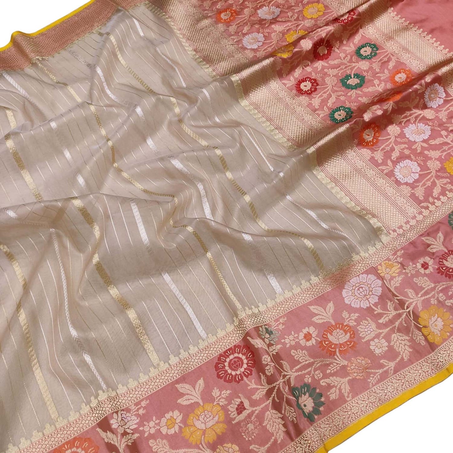 Pastel Handloom Banarasi Pure Kora Organza Sona Roopa Stripe Design Saree - Luxurion World