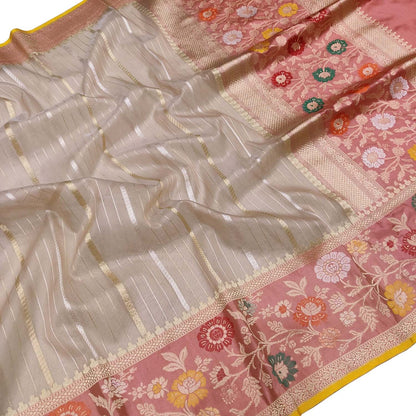Pastel Handloom Banarasi Pure Kora Organza Sona Roopa Stripe Design Saree - Luxurion World