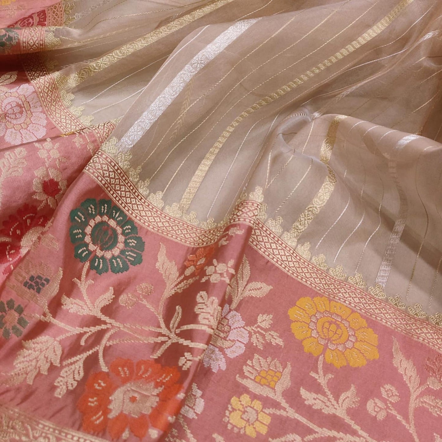 Pastel Handloom Banarasi Pure Kora Organza Sona Roopa Stripe Design Saree - Luxurion World