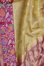 Golden Handloom Banarasi Pure Tissue Flower Design Meenakari Saree - Luxurion World