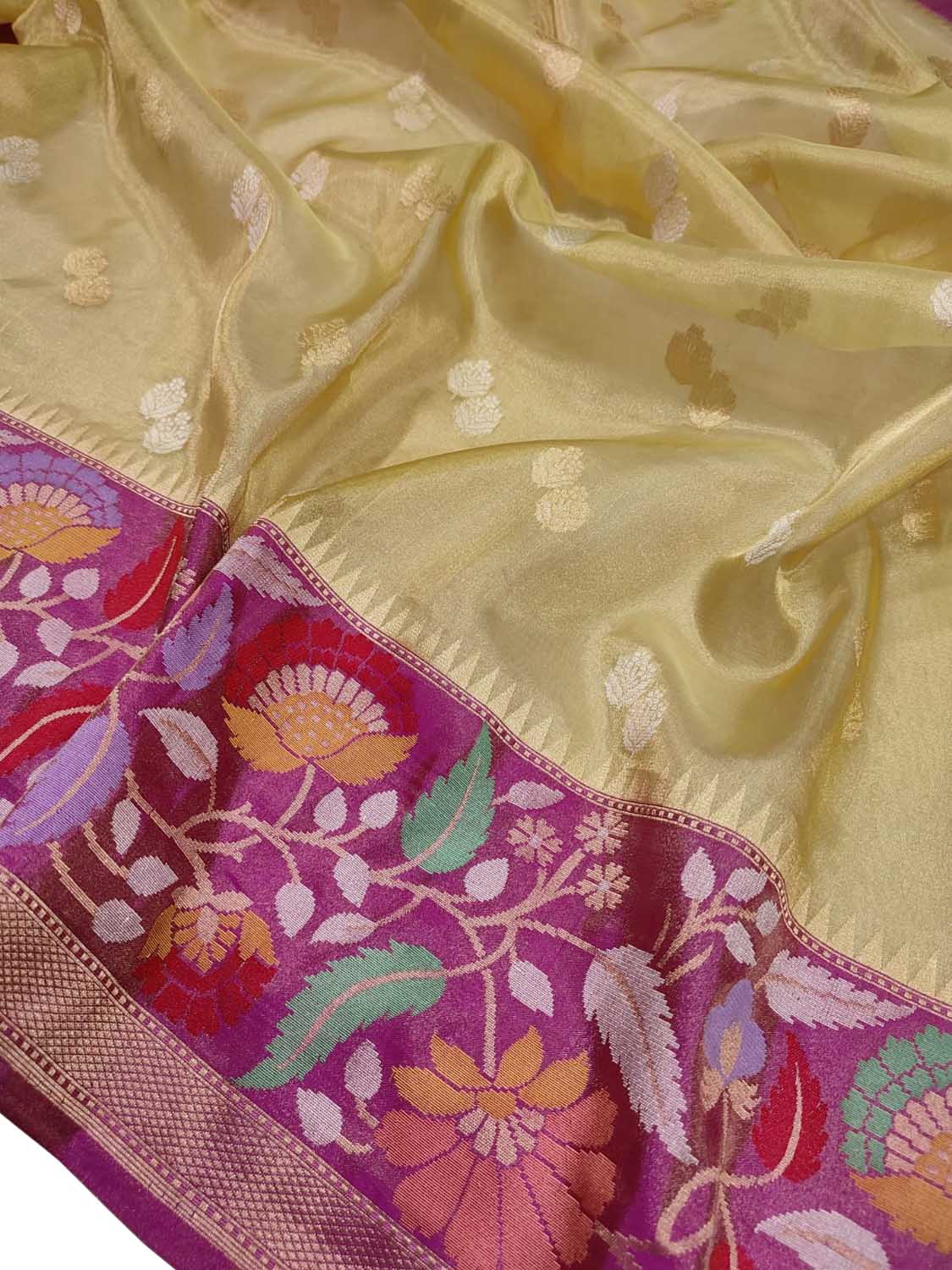 Golden Handloom Banarasi Pure Tissue Flower Design Meenakari Saree - Luxurion World