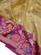 Golden Handloom Banarasi Pure Tissue Flower Design Meenakari Saree - Luxurion World