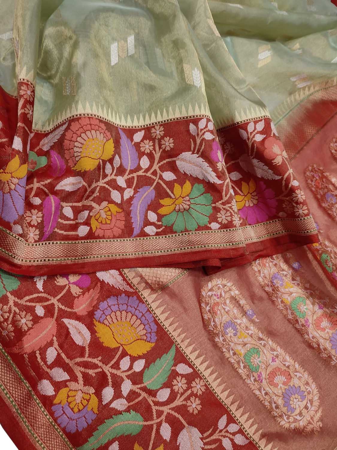 Green Handloom Banarasi Pure Tissue Flower Design Meenakari Saree - Luxurion World
