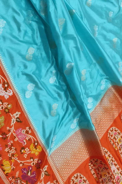 Blue & Orange Handloom Banarasi Pure Katan Silk Flower Design Meenakari Saree - Luxurion World