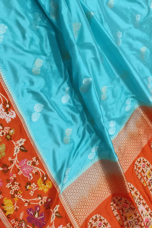 Blue & Orange Handloom Banarasi Pure Katan Silk Flower Design Meenakari Saree - Luxurion World