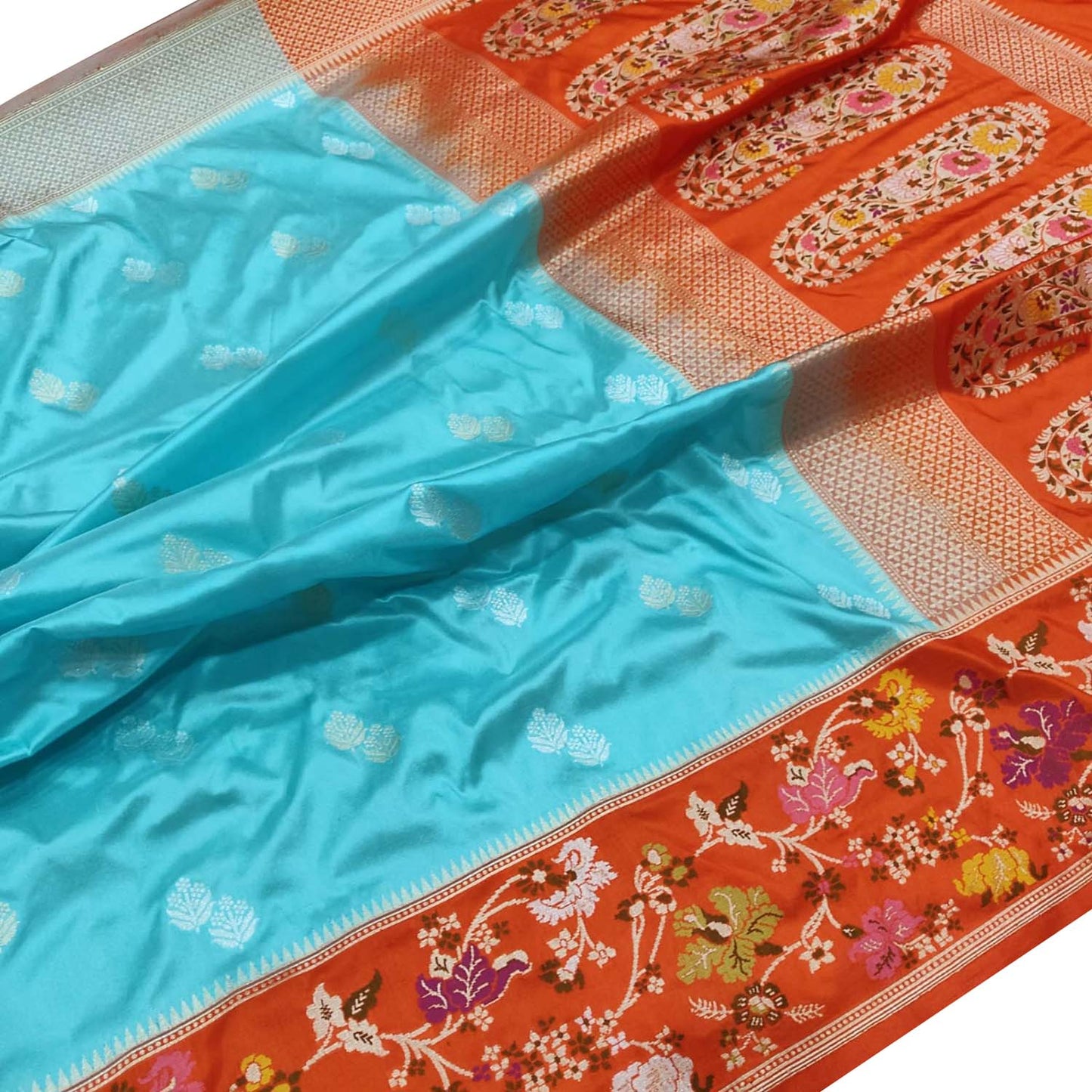 Blue & Orange Handloom Banarasi Pure Katan Silk Flower Design Meenakari Saree - Luxurion World
