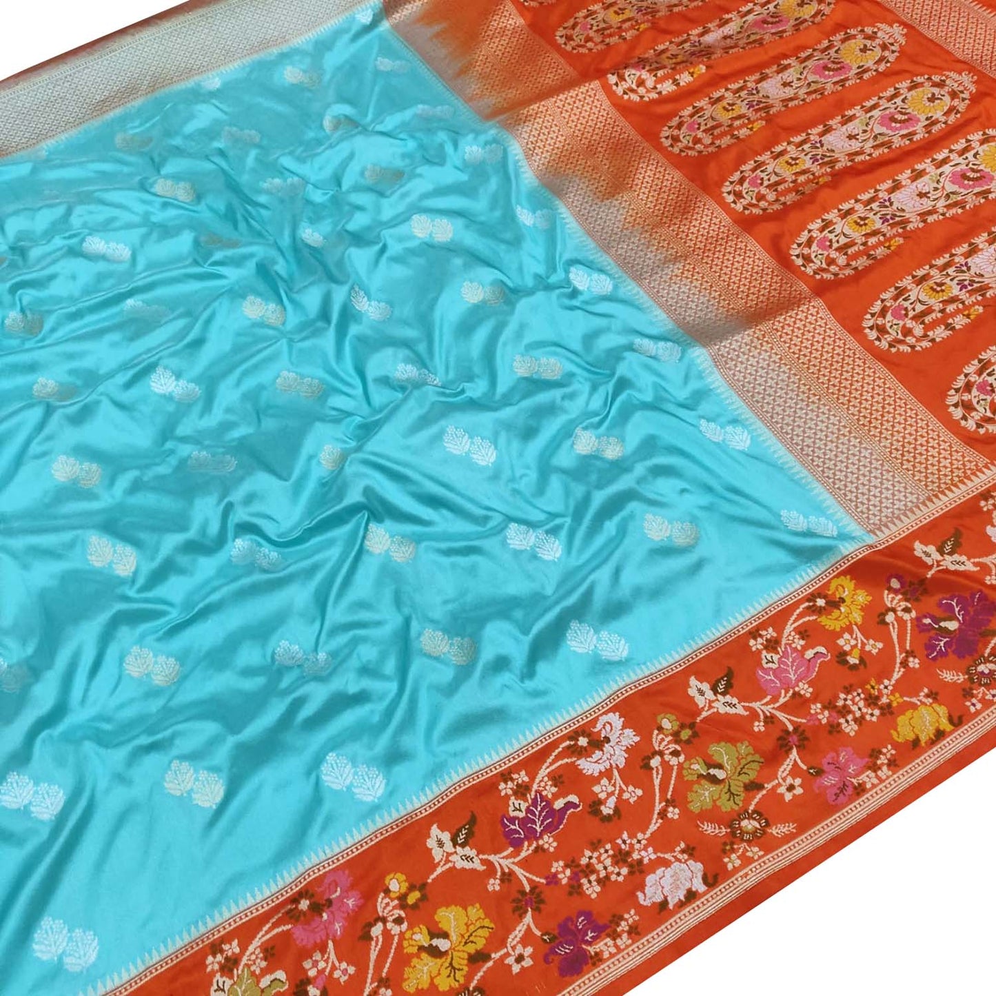 Blue & Orange Handloom Banarasi Pure Katan Silk Flower Design Meenakari Saree - Luxurion World