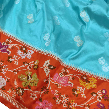 Blue & Orange Handloom Banarasi Pure Katan Silk Flower Design Meenakari Saree - Luxurion World