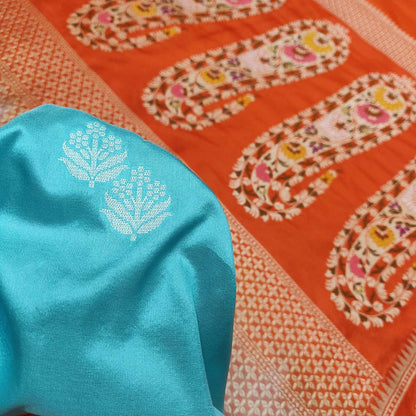 Blue & Orange Handloom Banarasi Pure Katan Silk Flower Design Meenakari Saree - Luxurion World