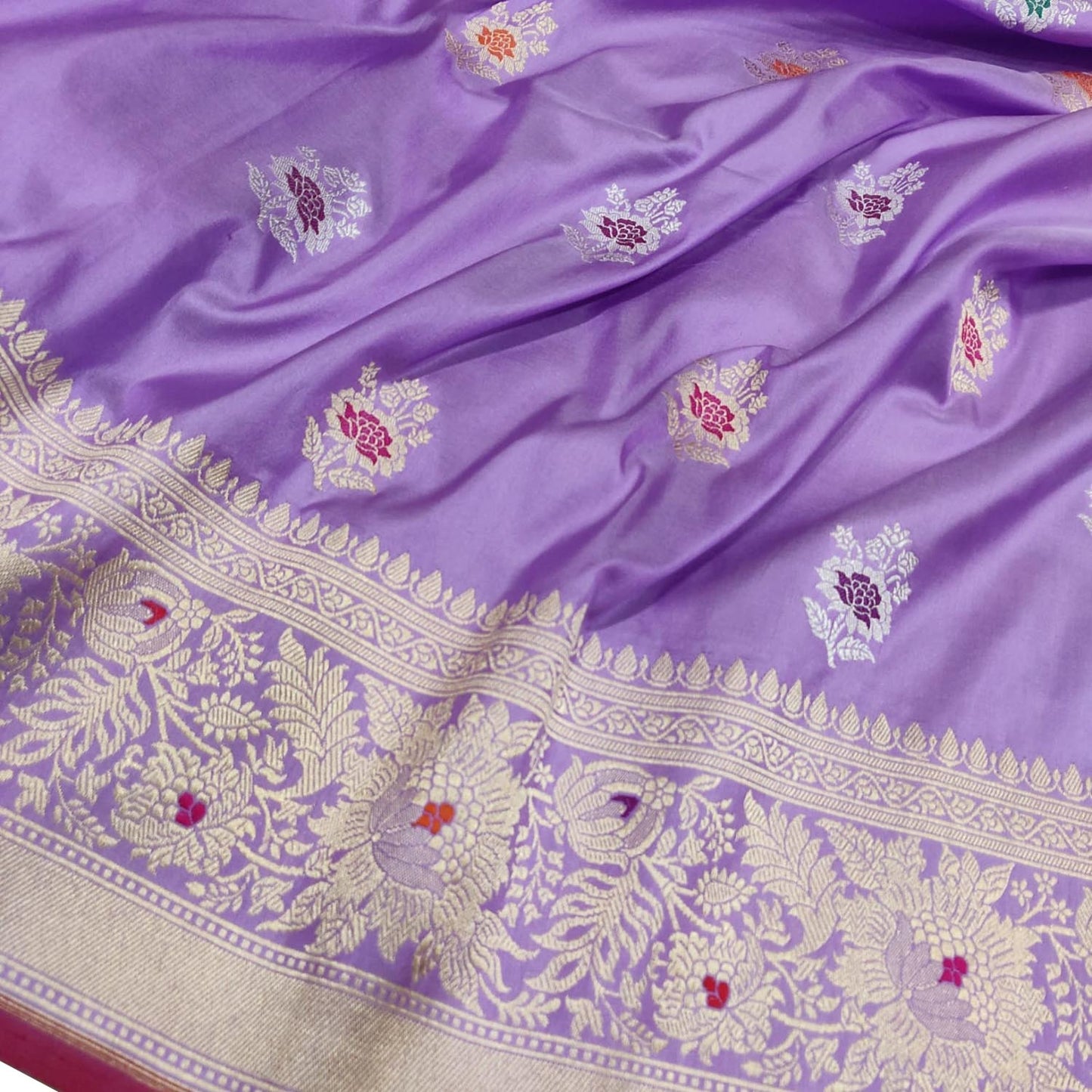 Exquisite Purple Handloom Banarasi Pure Katan Silk Flower Design Meenakari Saree - Luxurion World