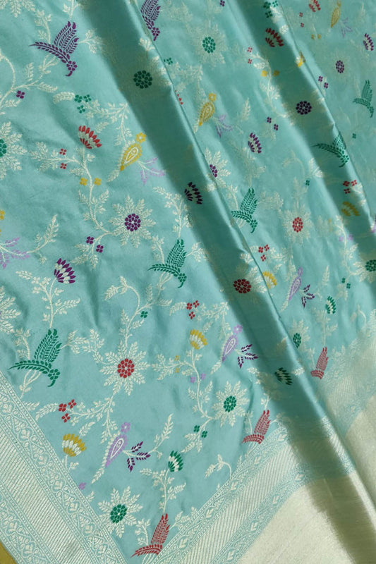 Blue Handloom Banarasi Pure Katan Silk Flower Design Meenakari Saree - Luxurion World