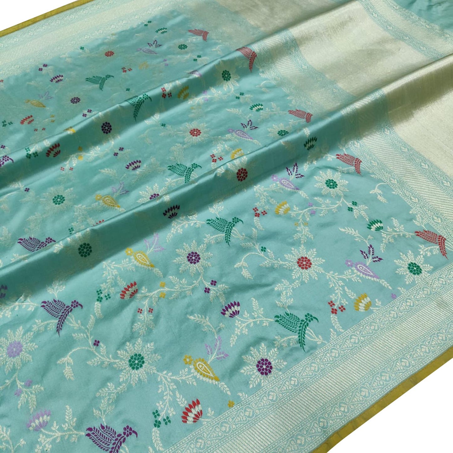 Blue Handloom Banarasi Pure Katan Silk Flower Design Meenakari Saree - Luxurion World