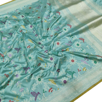 Blue Handloom Banarasi Pure Katan Silk Flower Design Meenakari Saree - Luxurion World