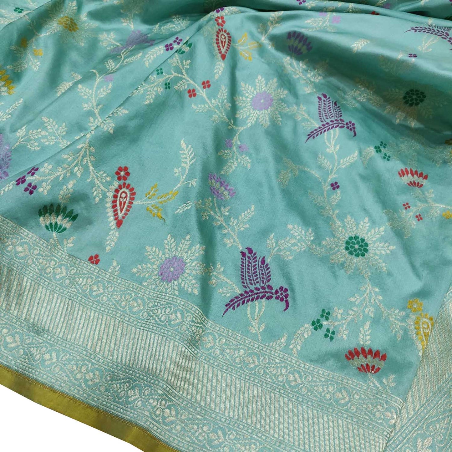 Blue Handloom Banarasi Pure Katan Silk Flower Design Meenakari Saree - Luxurion World