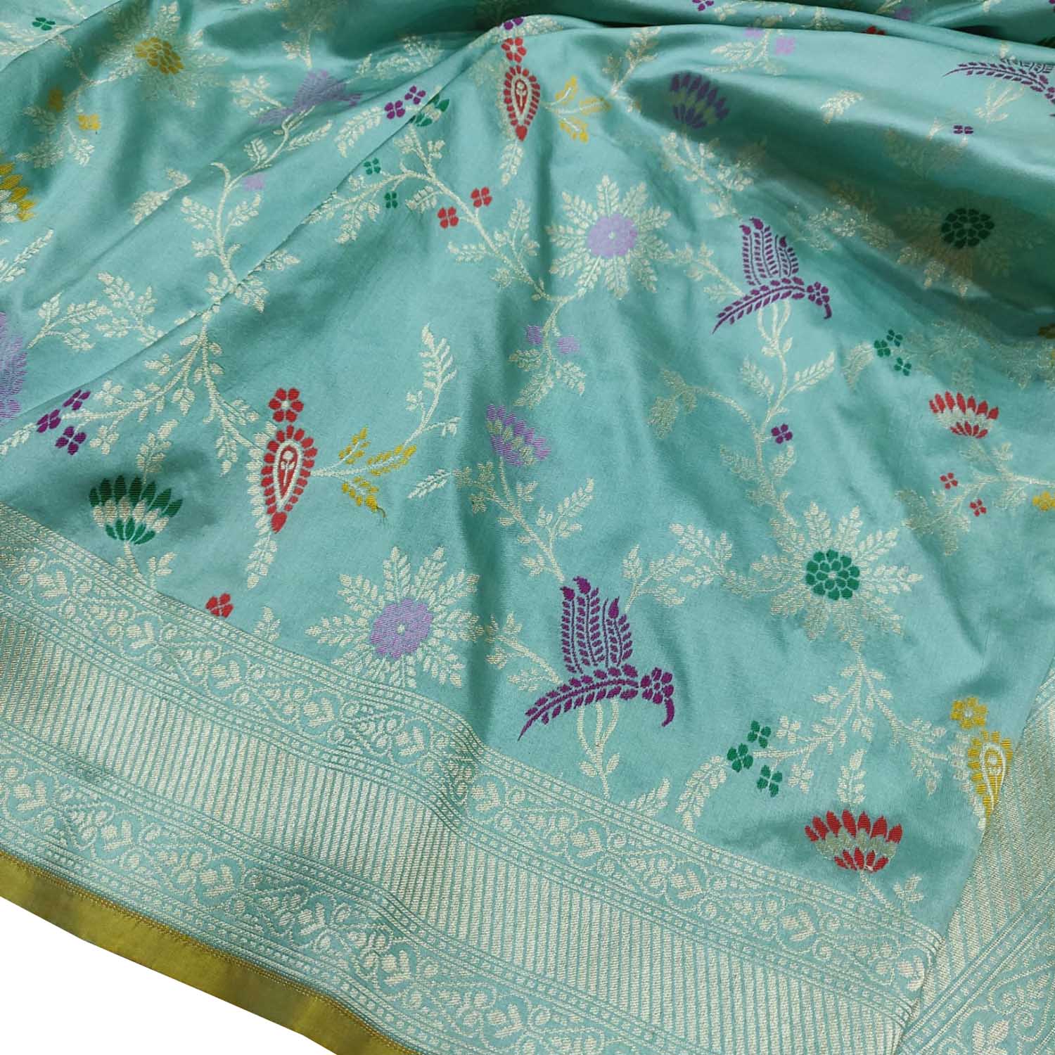 Blue Handloom Banarasi Pure Katan Silk Flower Design Meenakari Saree - Luxurion World