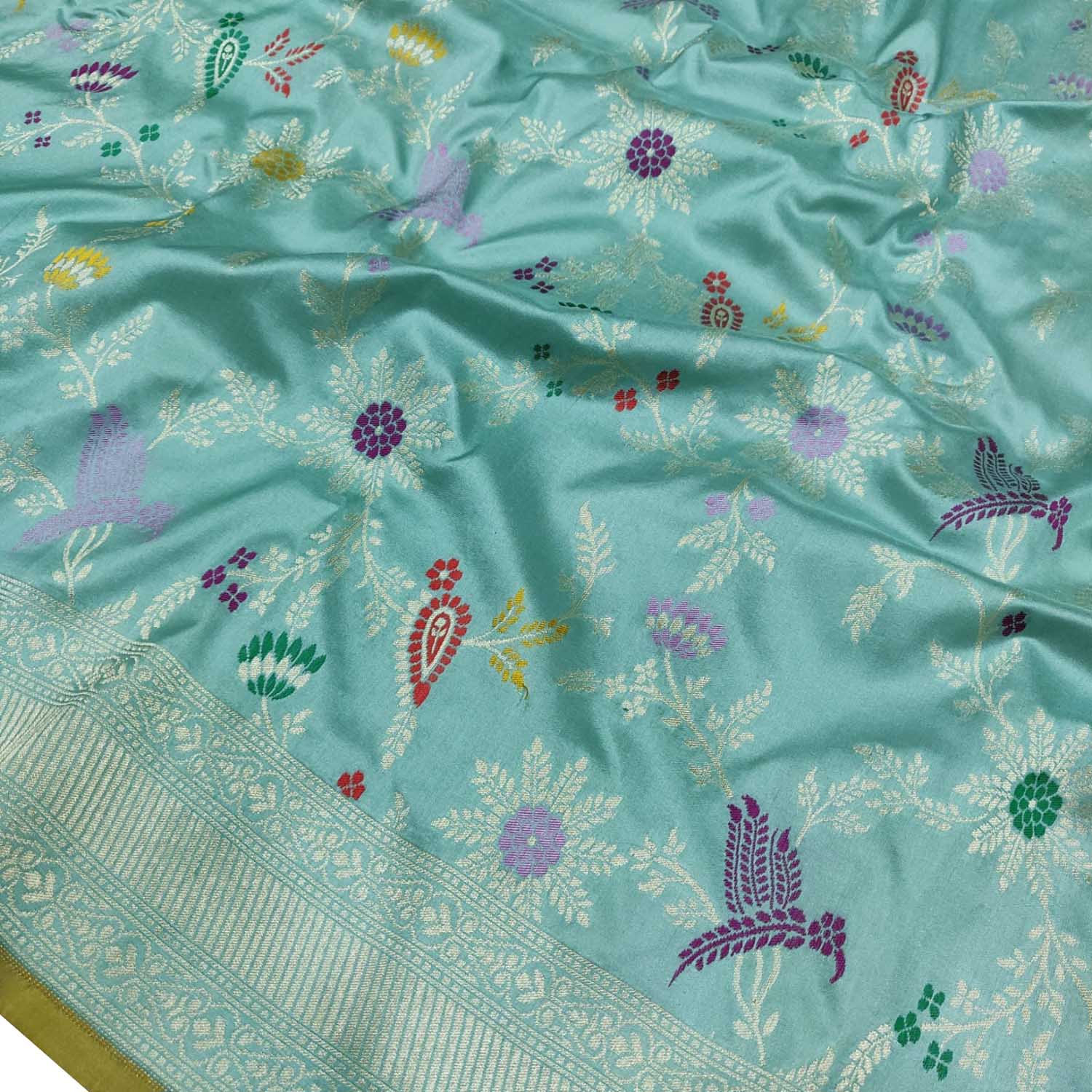 Blue Handloom Banarasi Pure Katan Silk Flower Design Meenakari Saree - Luxurion World