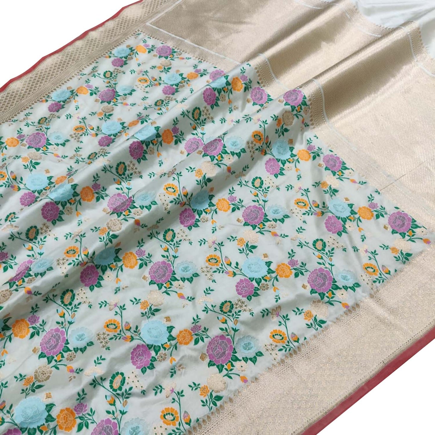 Elegant Off White Handloom Banarasi Pure Katan Silk Flower Design Meenakari Saree - Luxurion World