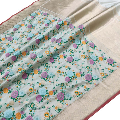 Elegant Off White Handloom Banarasi Pure Katan Silk Flower Design Meenakari Saree - Luxurion World