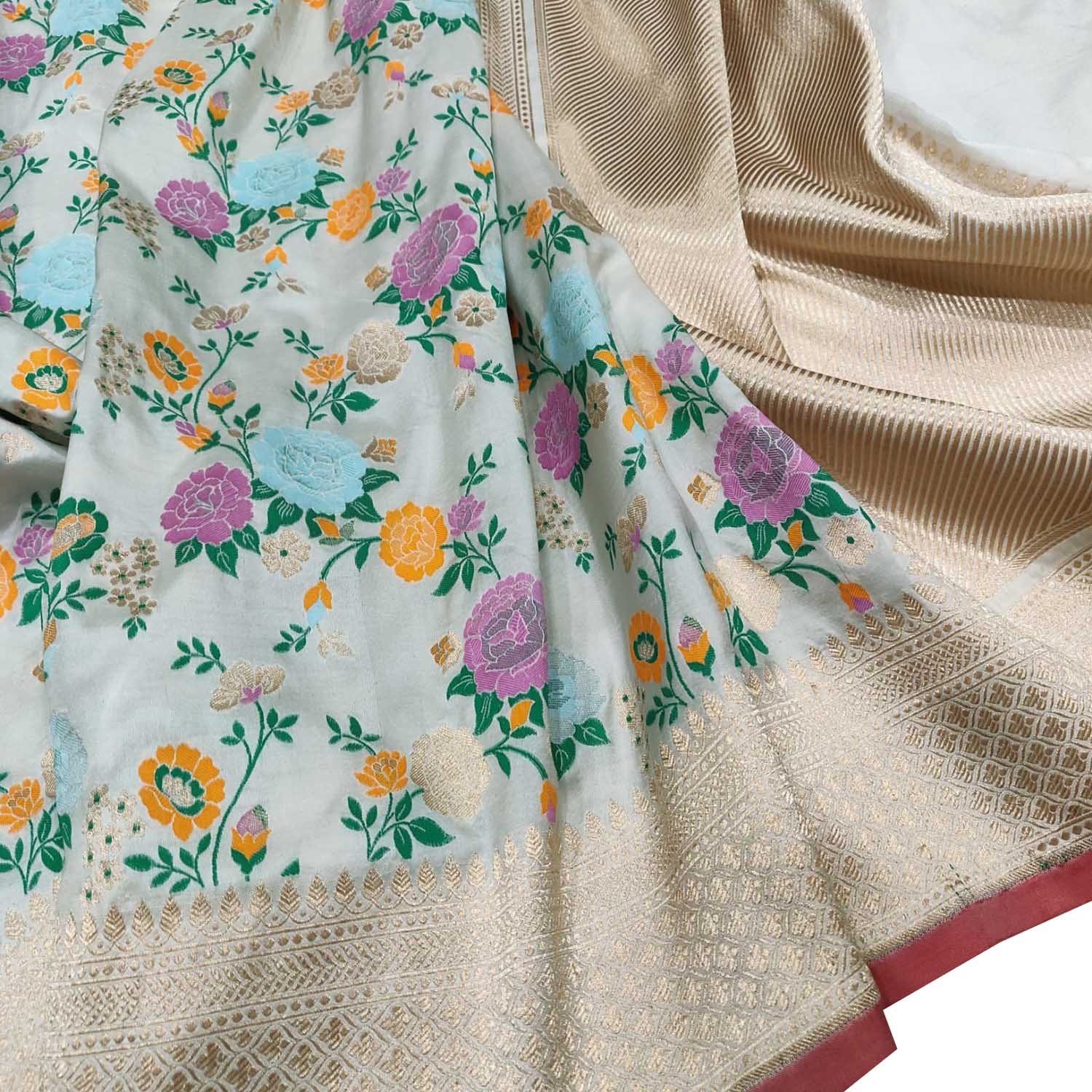 Elegant Off White Handloom Banarasi Pure Katan Silk Flower Design Meenakari Saree - Luxurion World