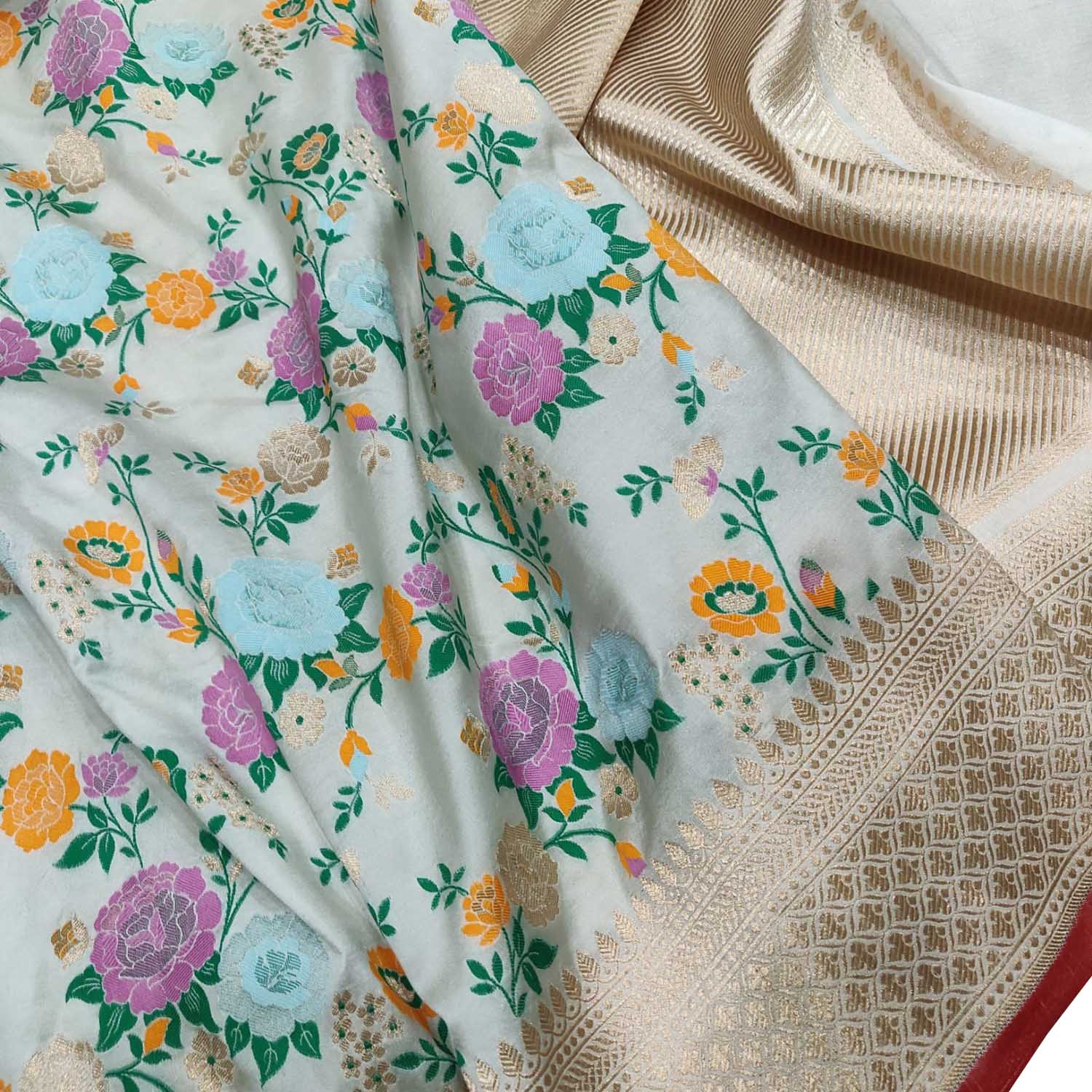 Elegant Off White Handloom Banarasi Pure Katan Silk Flower Design Meenakari Saree - Luxurion World