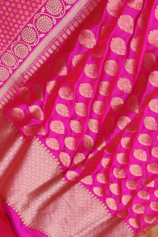 Pink Handloom Banarasi Pure Katan Silk Flower Design Saree - Luxurion World