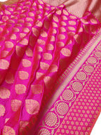 Pink Handloom Banarasi Pure Katan Silk Flower Design Saree - Luxurion World