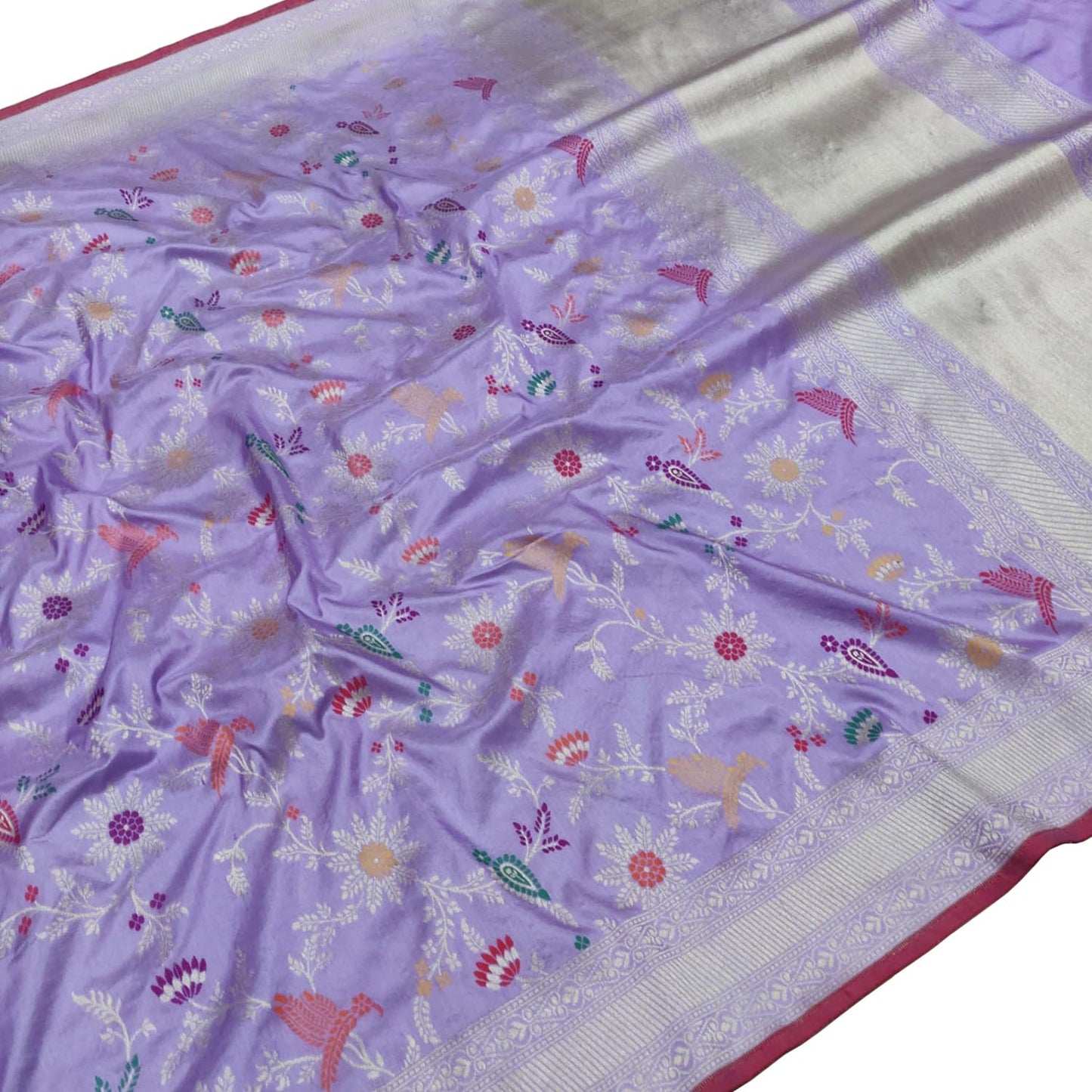 Purple Banarasi Handloom Pure Katan Silk Flower Design Meenakari Saree - Luxurion World