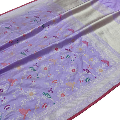 Purple Banarasi Handloom Pure Katan Silk Flower Design Meenakari Saree - Luxurion World