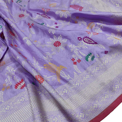 Purple Banarasi Handloom Pure Katan Silk Flower Design Meenakari Saree - Luxurion World