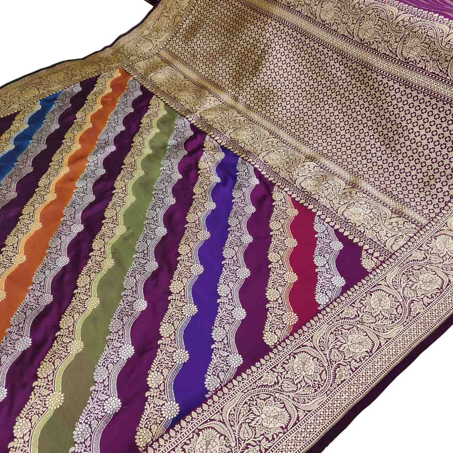 Multicolor Banarasi Handloom Pure Katan Silk Rangkat Saree - Luxurion World