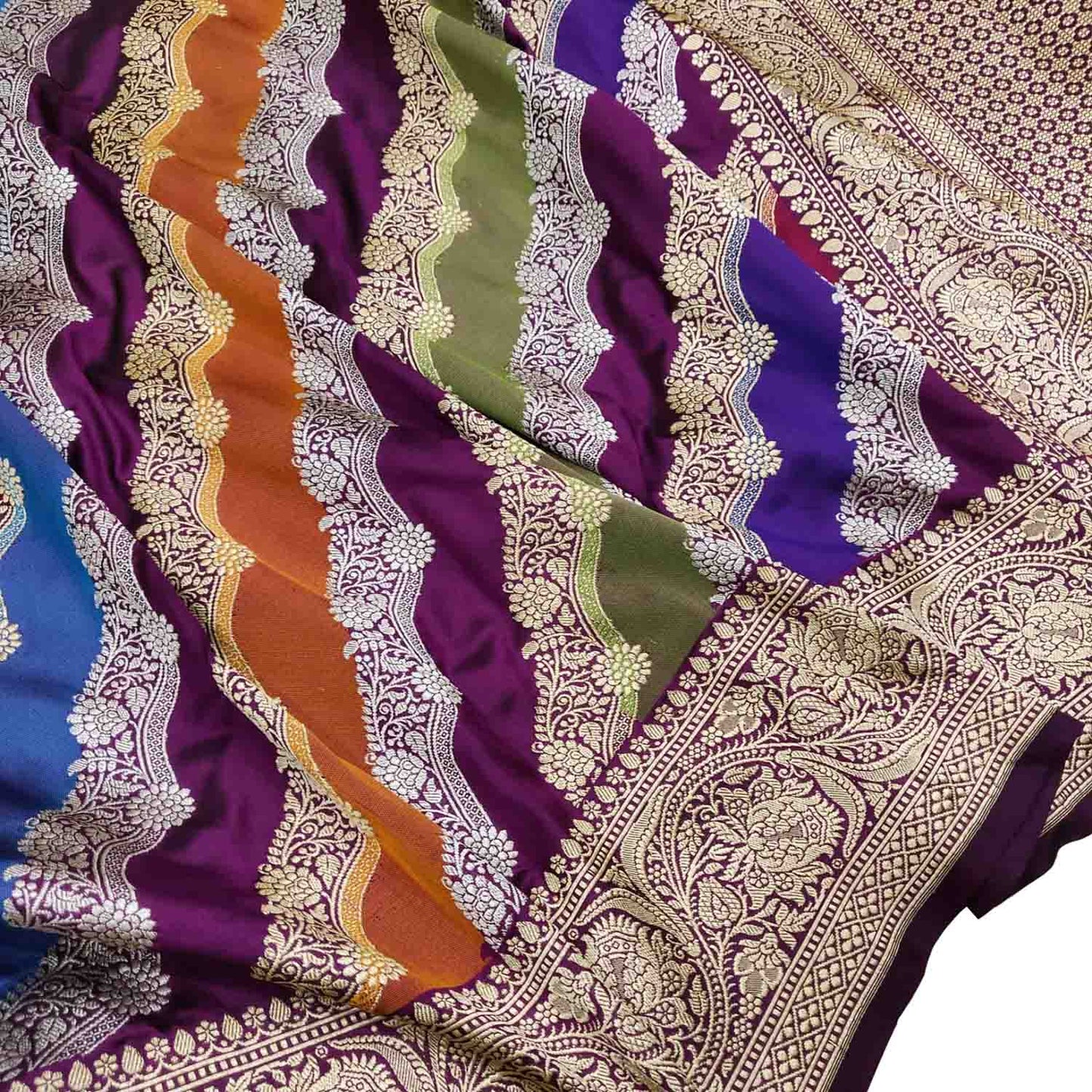 Multicolor Banarasi Handloom Pure Katan Silk Rangkat Saree - Luxurion World