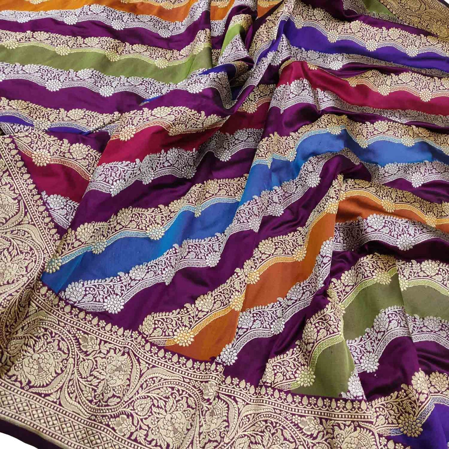 Multicolor Banarasi Handloom Pure Katan Silk Rangkat Saree - Luxurion World