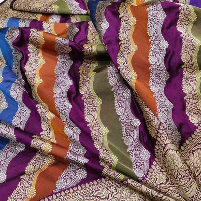Multicolor Banarasi Handloom Pure Katan Silk Rangkat Saree - Luxurion World