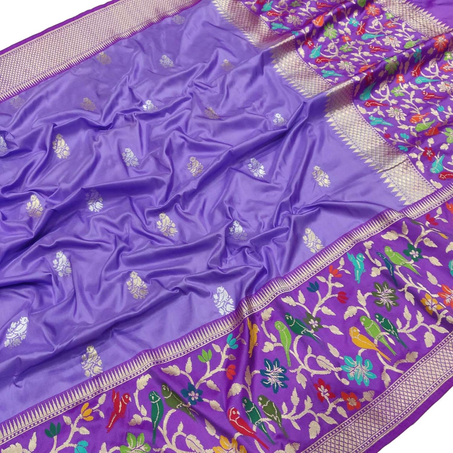 Purple Banarasi Handloom Pure Katan Silk Flower Design Meenakari Saree - Luxurion World