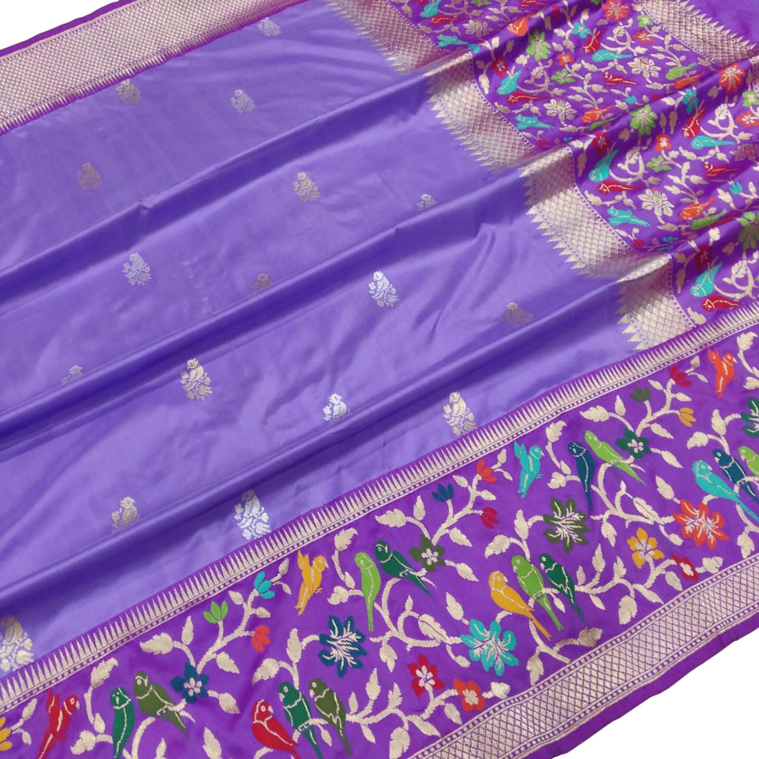 Purple Banarasi Handloom Pure Katan Silk Flower Design Meenakari Saree - Luxurion World