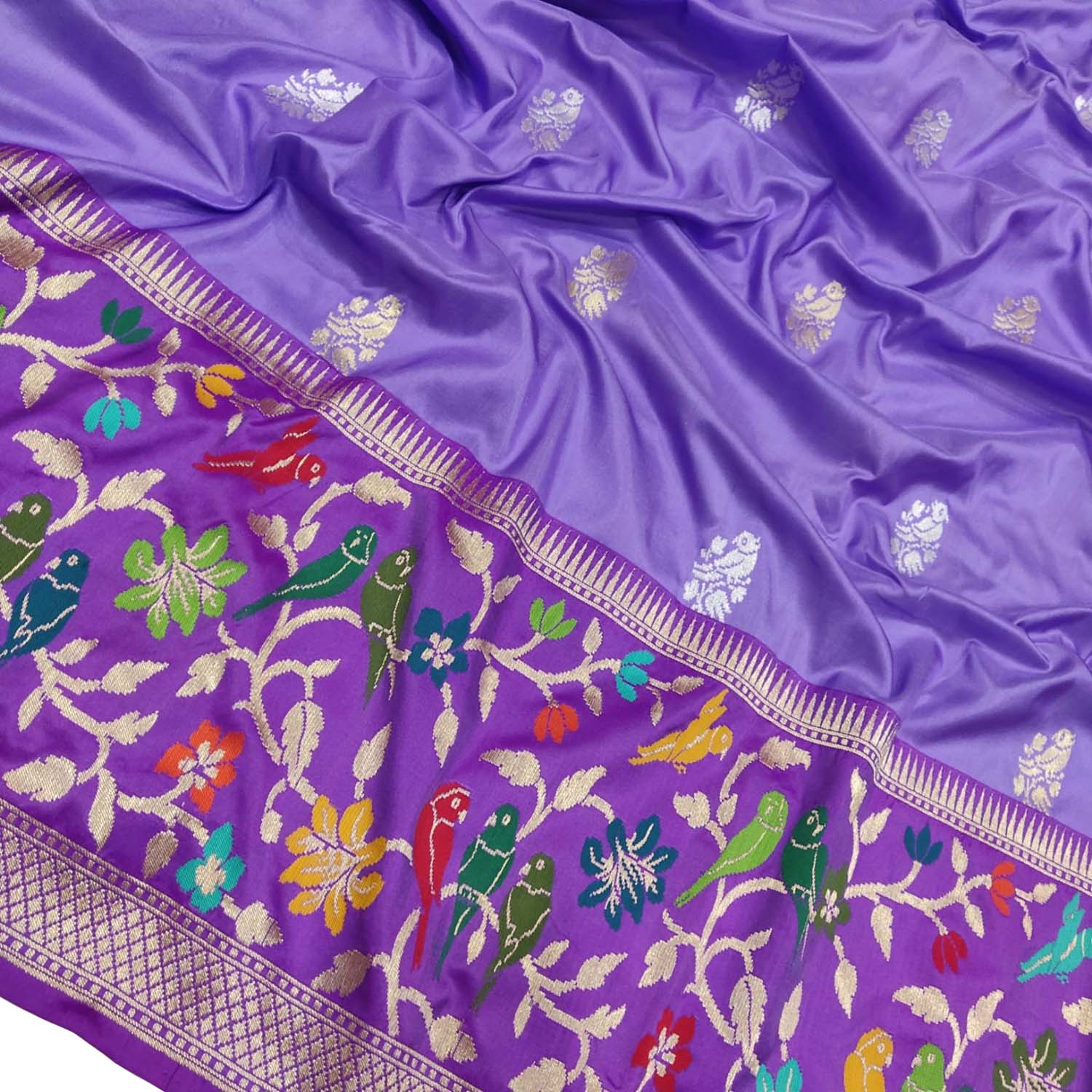 Purple Banarasi Handloom Pure Katan Silk Flower Design Meenakari Saree - Luxurion World
