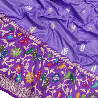 Purple Banarasi Handloom Pure Katan Silk Flower Design Meenakari Saree - Luxurion World