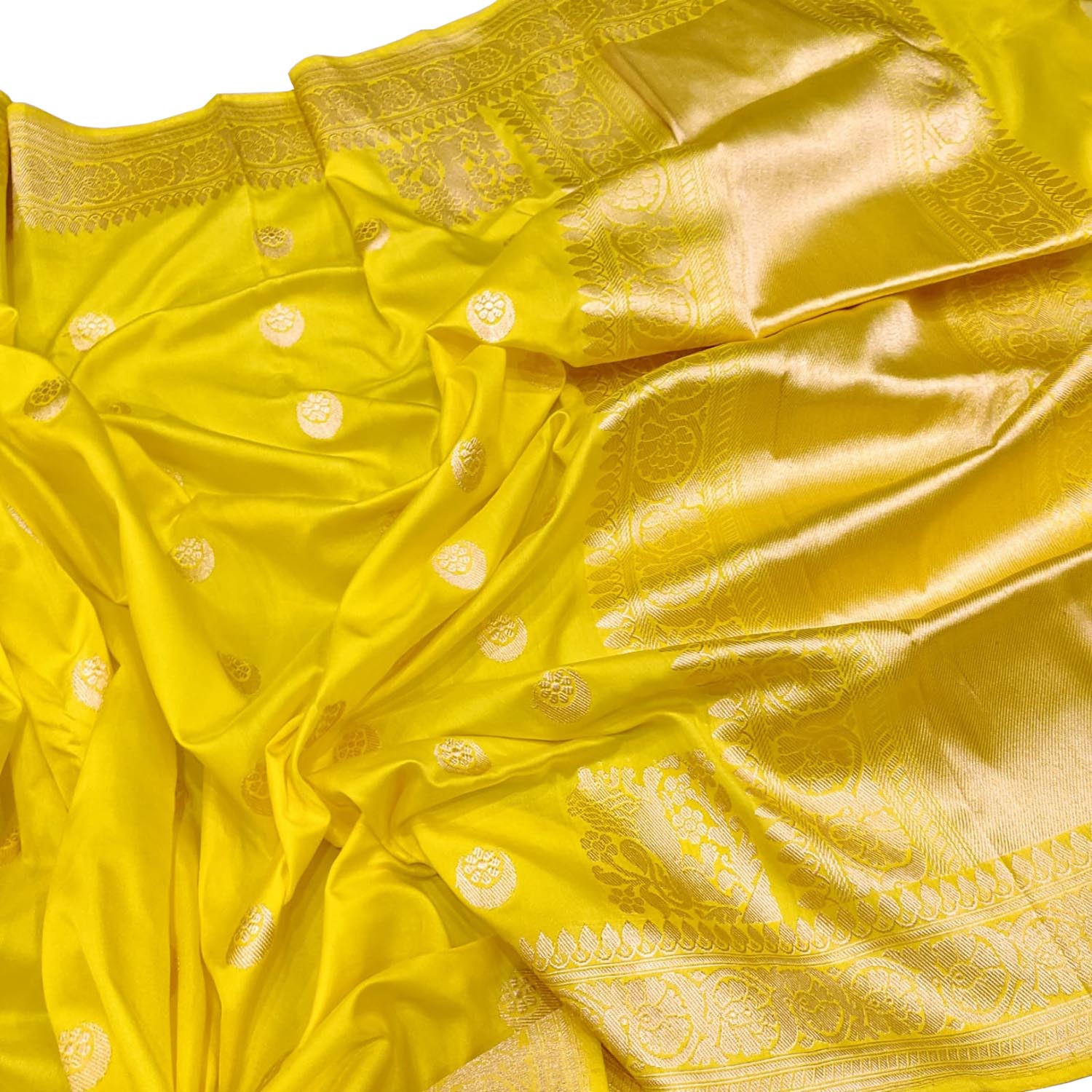 Yellow Handloom Banarasi Pure Katan Silk Chand Booti Design Saree - Luxurion World