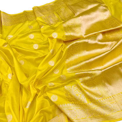 Yellow Handloom Banarasi Pure Katan Silk Chand Booti Design Saree - Luxurion World