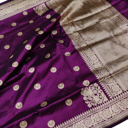 Elegant Purple Handloom Banarasi Pure Katan Silk Chand Booti Design Saree - Luxurion World
