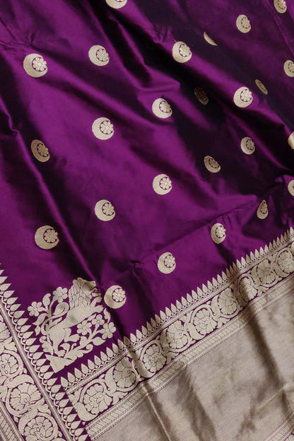 Elegant Purple Handloom Banarasi Pure Katan Silk Chand Booti Design Saree - Luxurion World
